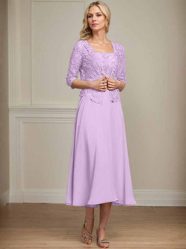 Robe de mère de la mariée en mousseline et dentelle ligne A longueur thé avec perles et sequins