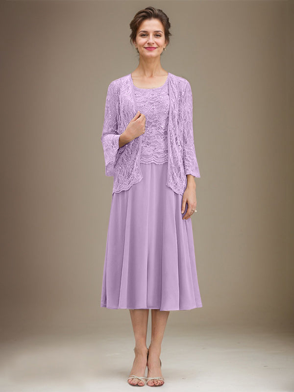 A-Linien Spitzen-Chiffon-Brautmutterkleid mit V-Ausschnitt, tea-length, mit Pailletten