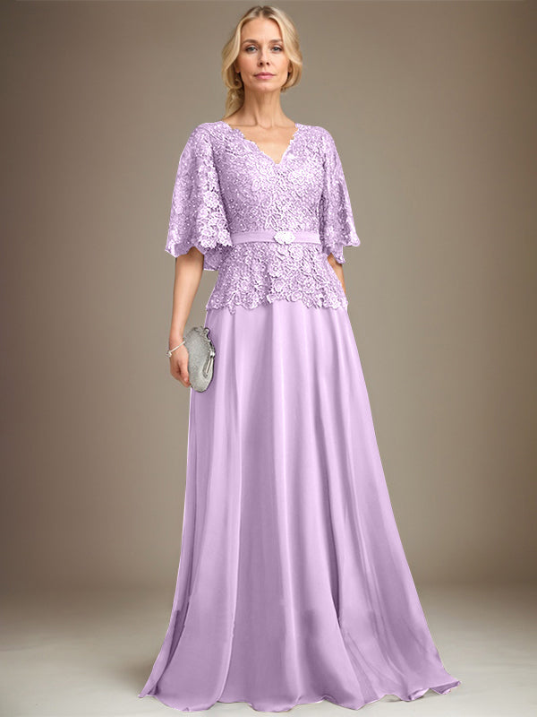 A-Linien V-Ausschnitt Bodenlanges Chiffon-Spitzen Mutter-der-Braut-Kleid mit Kristallbrosche und Strass