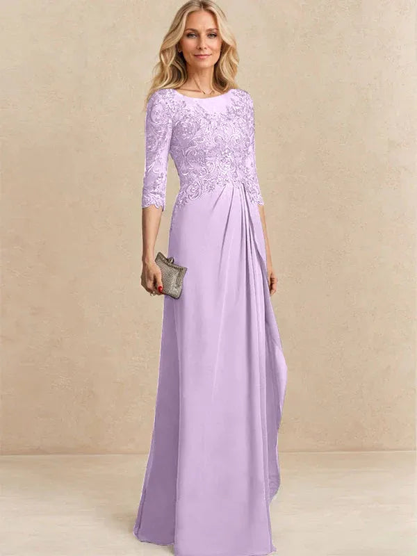 Vestido para la madre de la novia línea A con escote redondo ilusión, largo hasta el suelo, de gasa y encaje con cuentas, lentejuelas y volantes en cascada