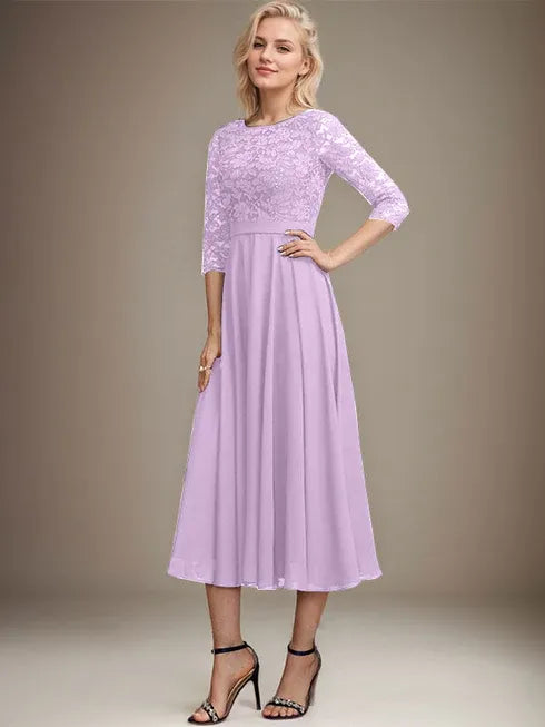 A-Linien Spitzen-Chiffon-Brautmutterkleid mit V-Ausschnitt, tea-length, mit Pailletten