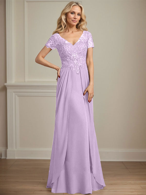A-Linien Chiffon-Spitzen-Mutter-der-Braut-Kleid mit V-Ausschnitt, bodenlang