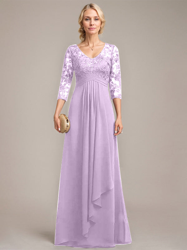 A-Linien V-Ausschnitt bodenlanges Spitzen-Chiffonkleid für die Mutter der Braut mit kaskadierenden Rüschen und Pailletten