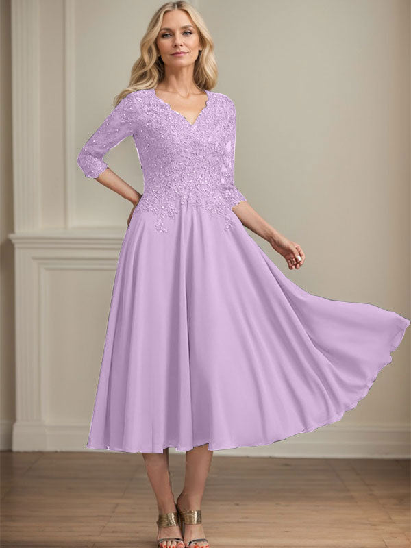Robe de mère de la mariée en mousseline longueur thé, ligne A, col en V, en dentelle avec perles et sequins