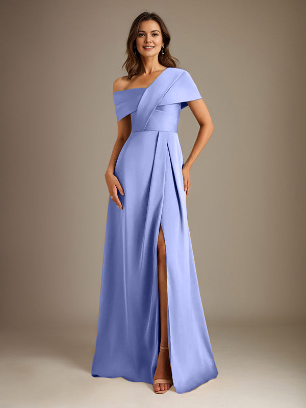 A-Linien asymmetrischer Ausschnitt bodenlanges Satin-Brautkleid für die Brautmutter mit Falten