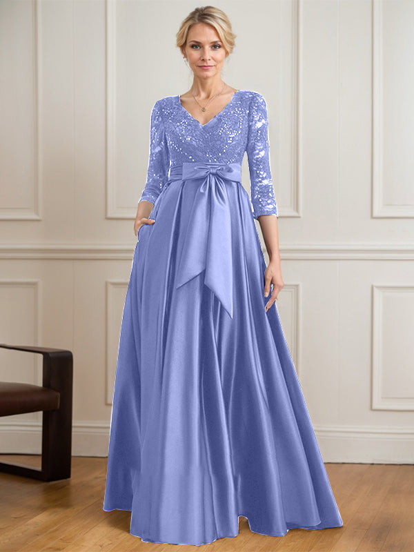 Robe mère de la mariée en satin et dentelle, coupe trapèze, col en V, longue avec nœud à sequins