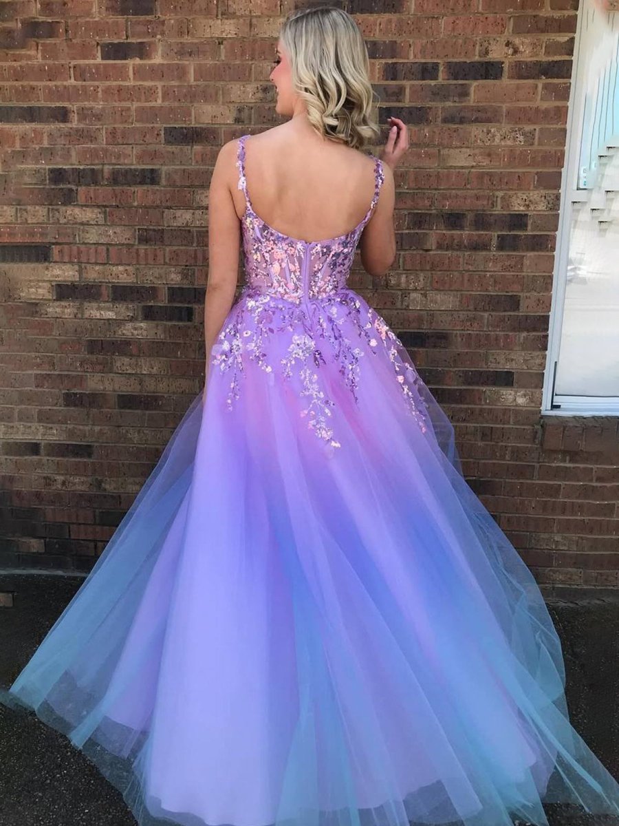 Lavendel A-Linien Träger Empire-Tüll-Prom-Kleid mit Applikationen