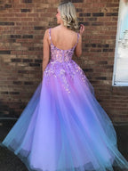 Lavendel A-Linien Träger Empire-Tüll-Prom-Kleid mit Applikationen