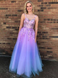 Lavendel A-Linien Träger Empire-Tüll-Prom-Kleid mit Applikationen