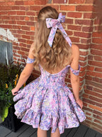 Lavender Floral Off Shoulder Brocade Homecoming Dress with Ruffled