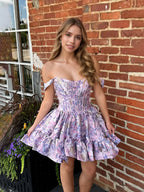 Lavender Floral Off Shoulder Brocade Homecoming Dress with Ruffled