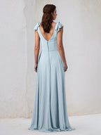 Light Blue A Line Chiffon A Line V Neck Sleeveless Floor Length Bridesmaid Dress