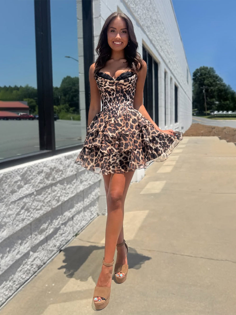 Leopard Print A Line Sweetheart Floral Short Homecoming Dress