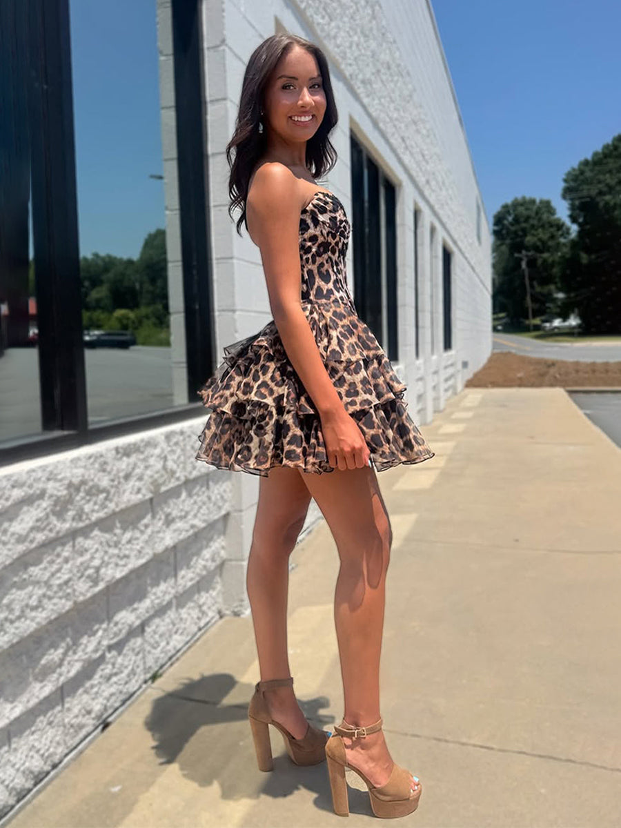 Leopard Print A Line Sweetheart Floral Short Homecoming Dress