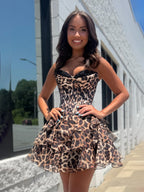 Leopard Print A Line Sweetheart Floral Short Homecoming Dress
