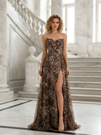 Robe de bal ligne A bustier cœur à imprimé léopard avec fente haute