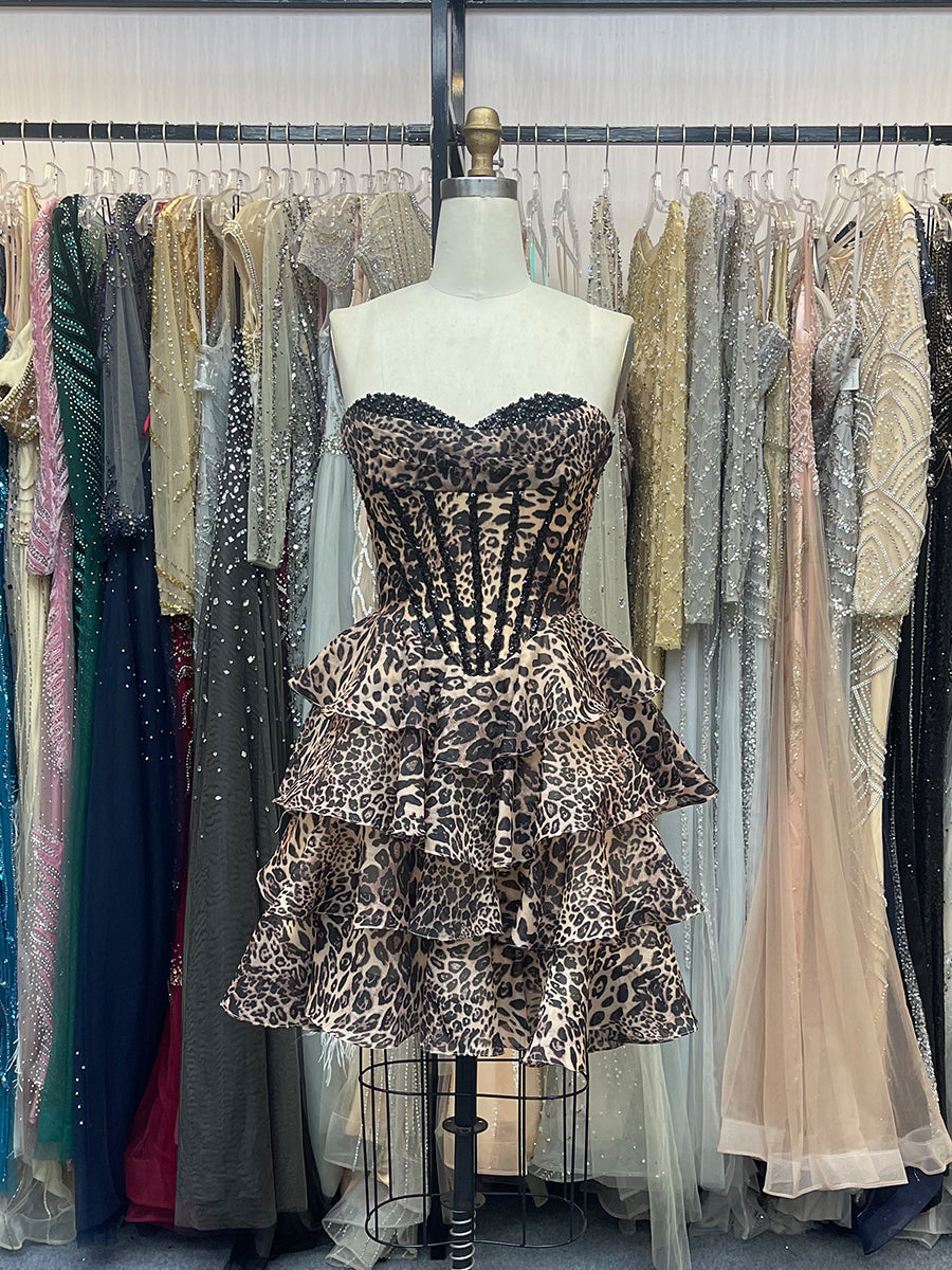 Leopard Print Corset A Line Short Floral Homecoming Dress with Beading