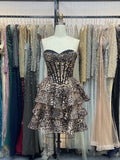 Leopard Print Strapless A Line Short Floral Homecoming Dress with Beading
