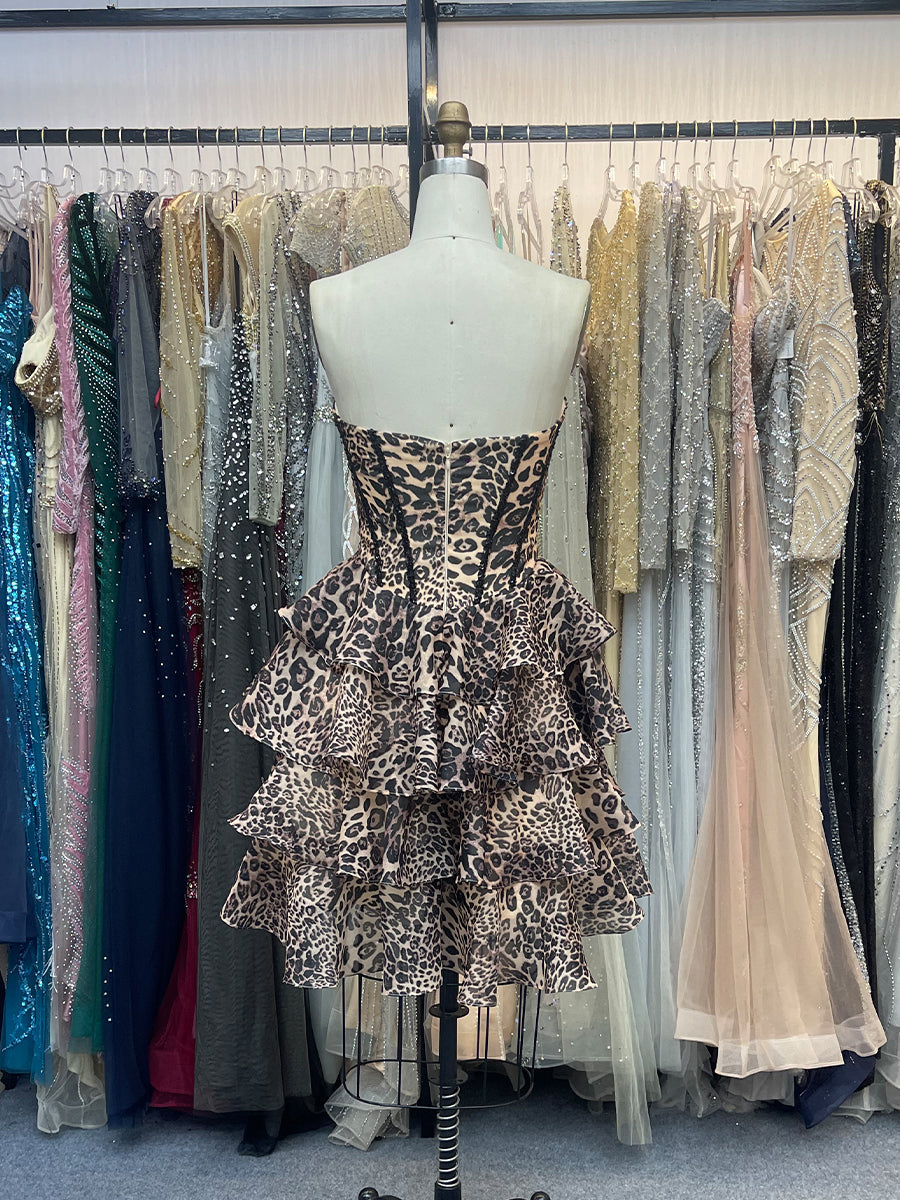 Leopard Print Corset A Line Short Floral Homecoming Dress with Beading