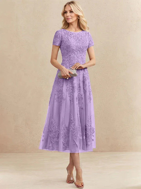 Robe de mère de la mariée A-line en tulle et dentelle, col arrondi, longueur thé