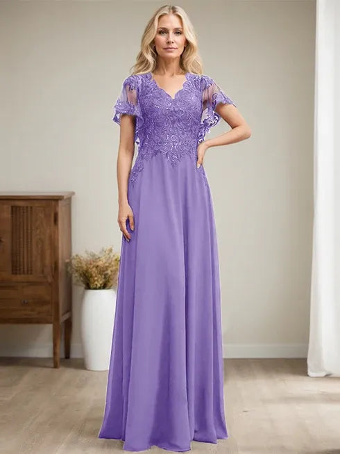 Robe mère de la mariée ligne A col en V longue en dentelle et chiffon avec sequins