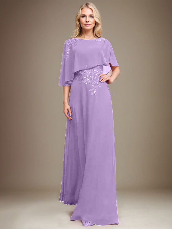 A-Linie Rundhals Bodenlanges Chiffon-Spitzenkleid für die Brautmutter mit Pailletten und Perlen