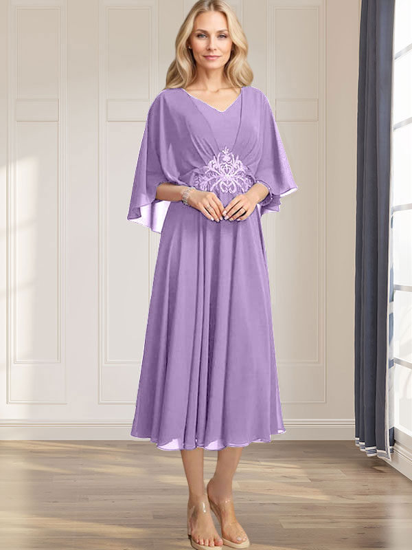 Robe de mère de la mariée en mousseline, longueur thé, col en V, en ligne A, avec appliques plissées, sequins, dentelle et perles