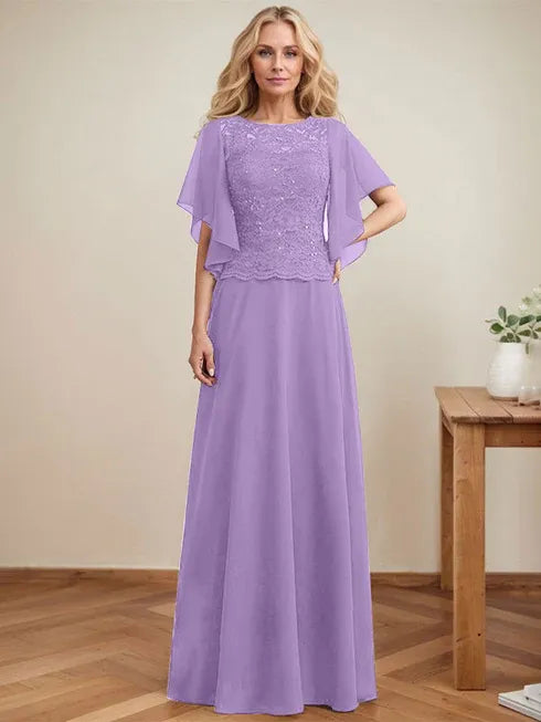 A-Linien Rundhals Illusions-Bodenlanges Spitzen-Chiffon Mutter-der-Braut-Kleid mit Pailletten