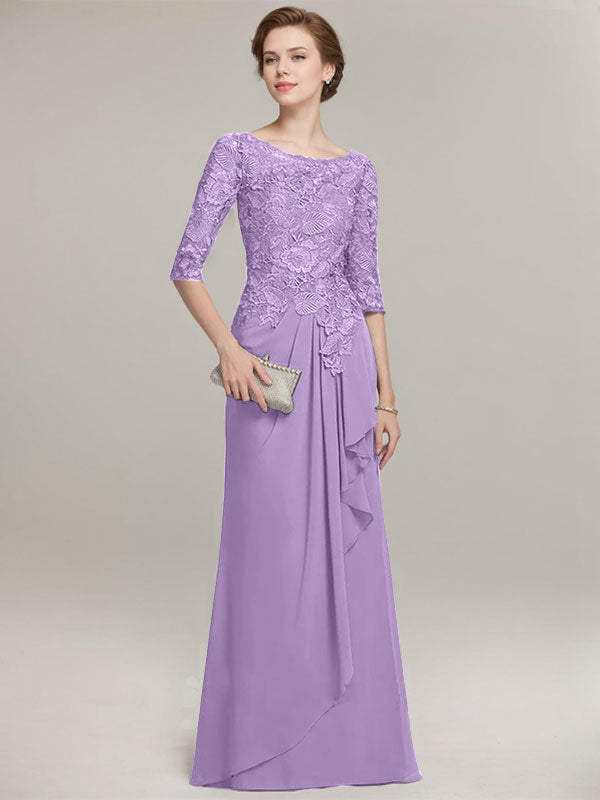 A-Linien Rundhalsausschnitt Illusions bodenlanges Spitzen-Chiffon Mutter der Braut Kleid mit kaskadierenden Rüschen