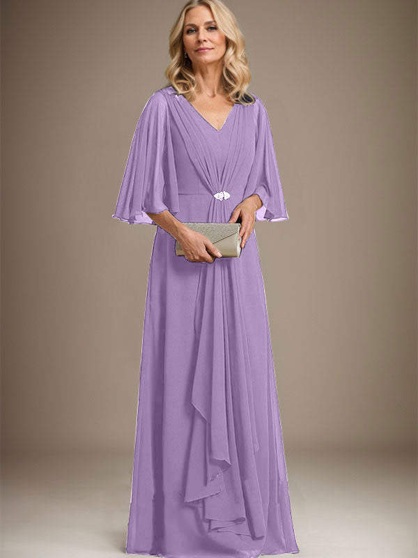 A-Linien V-Ausschnitt Bodenlanges Chiffon Kleid für die Brautmutter mit kaskadierenden Rüschen und Kristallbrosche