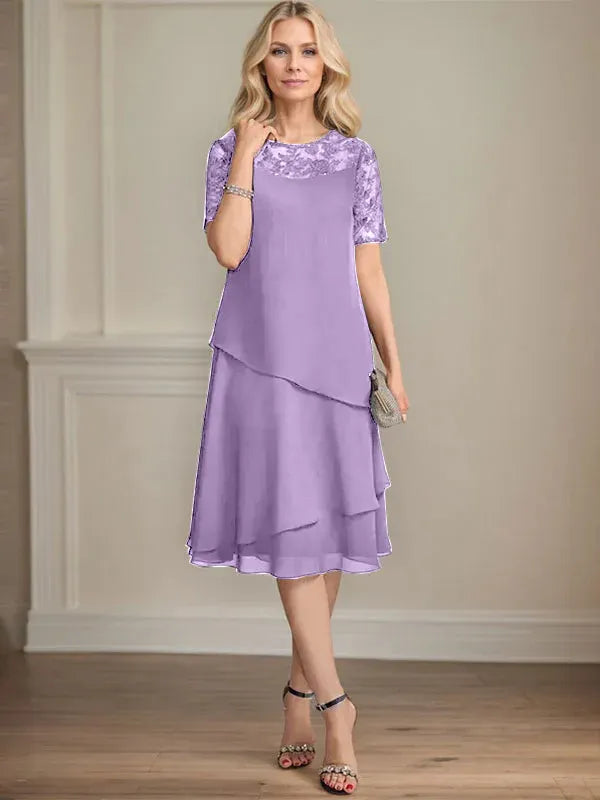 A-Linien Rundhals Illusions-Knie-Länge Spitzen-Chiffon Kleid für die Brautmutter mit Pailletten