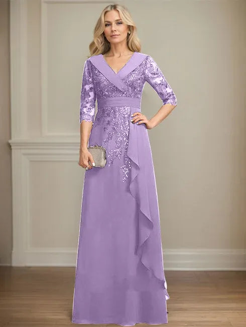 A-Linien Kleid mit Kragen, V-Ausschnitt, bodenlang, aus Spitze und Chiffon, Mutter der Braut Kleid mit Pailletten und fallenden Rüschen