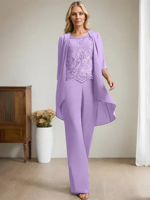 Zweiteiler Jumpsuit/Hosenanzug mit Rundhalsausschnitt, bodenlanges Chiffon-Spitzenkleid für die Mutter der Braut mit Perlen und Pailletten