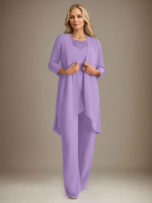 Chiffon Kleid mit Rundhalsausschnitt und langen Ärmeln, Mutter-der-Braut Hosenanzug mit Jacke