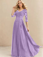 A-Linien V-Ausschnitt Bodenlanges Spitzen-Chiffon Kleid für die Brautmutter mit Pailletten