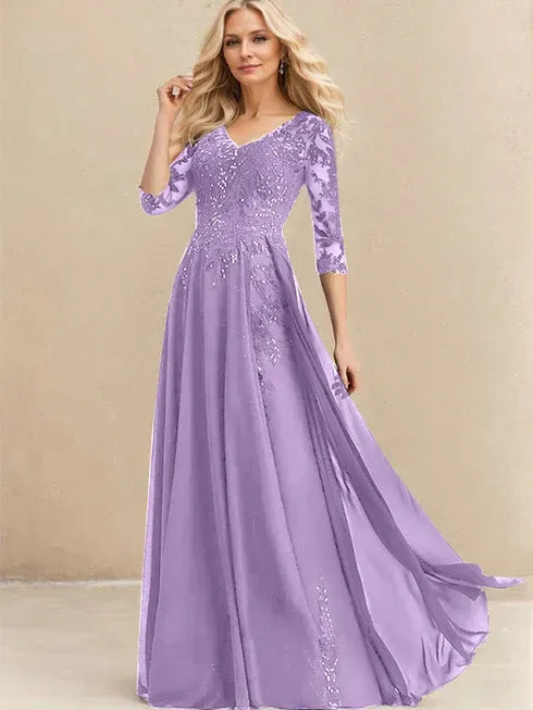 A-Linien V-Ausschnitt Bodenlanges Spitzen-Chiffon Kleid für die Brautmutter mit Pailletten