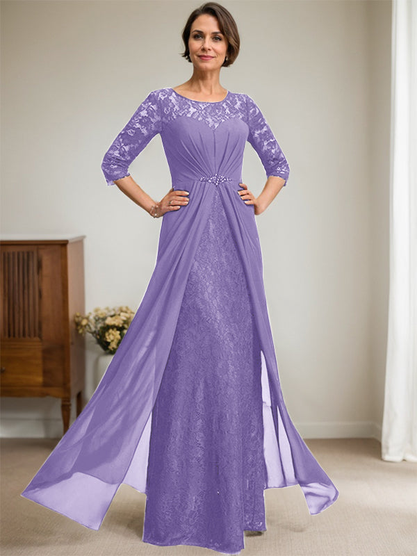 A-Linien Rundhalsausschnitt Illusions-Bodenlanges Spitzen-Chiffonkleid für die Brautmutter mit Perlen und Volants