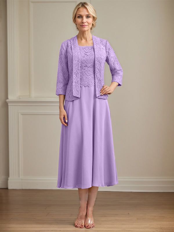 A-Linien Kleid mit Rundhalsausschnitt, tea-länge, Spitze und Chiffon, Mutter der Braut Kleid