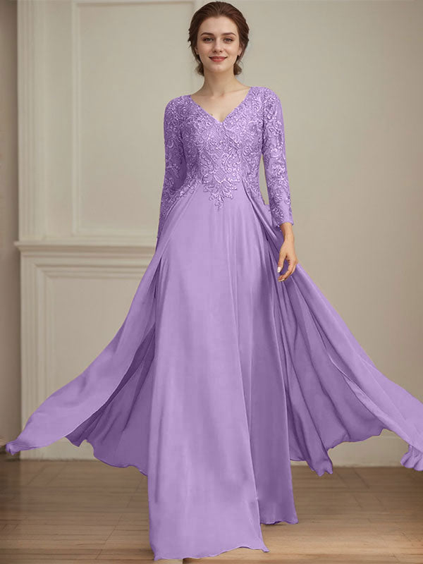 A-Linien V-Ausschnitt Bodenlanges Spitzen-Chiffon Kleid für die Brautmutter mit Pailletten