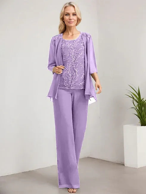 Zweiteiler Jumpsuit/Hosenanzug U-Ausschnitt bodenlanges Spitzen Chiffon Mutter der Braut Kleid mit Pailletten