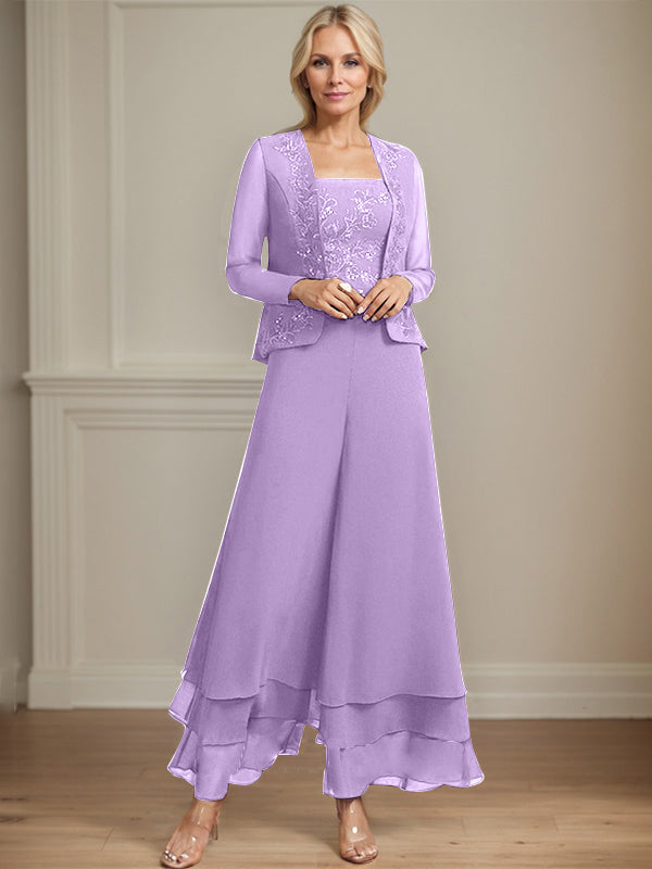 Zweiteiler Jumpsuit/Hosenanzug quadratisch knöchellang Spitze Chiffon Brautmutterkleid mit Pailletten