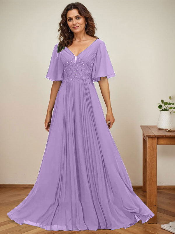 A-Linien V-Ausschnitt bodenlanges Chiffon Mutterkleid der Braut mit Pailletten-Applikationen, Spitze und Falten