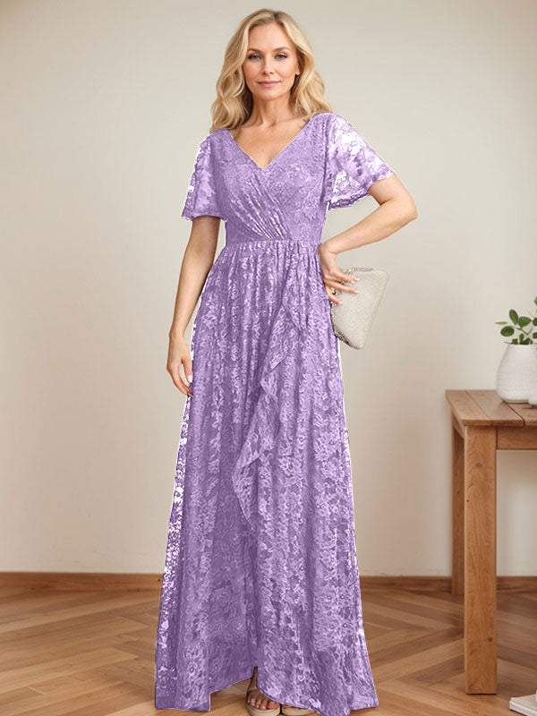 A-Linien Spitzen-Mutter-der-Braut-Kleid mit V-Ausschnitt, asymmetrisch und mit kaskadierenden Rüschen