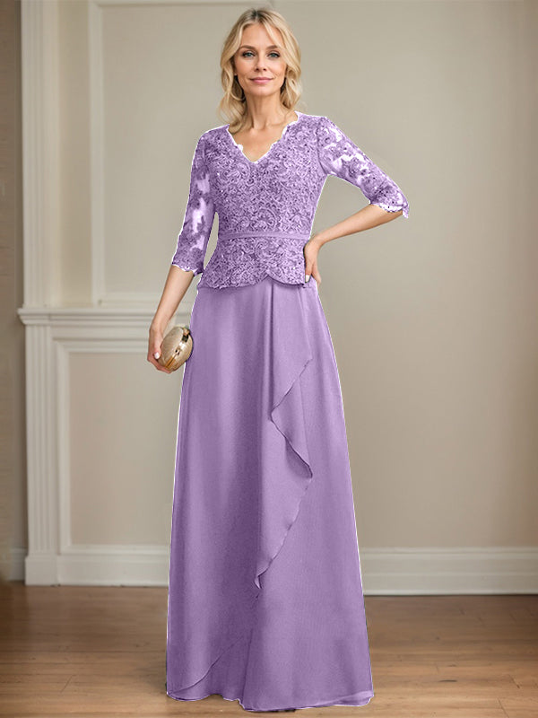 Robe mère de la mariée en dentelle et chiffon, coupe évasée, encolure en V, longue au sol avec volants en cascade et sequins