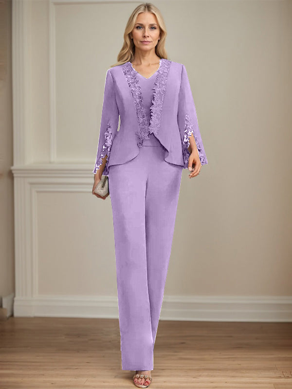 Zweiteiler Jumpsuit/Hosenanzug V-Ausschnitt bodenlanges Chiffon Mutter der Braut Kleid