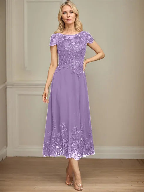 A-Linien Illusions Rundhals tea-langes Spitzenchiffon Mutter der Braut Kleid mit Pailletten