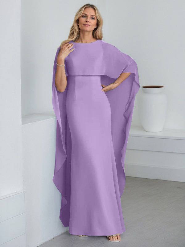 Etui-Kleid mit Rundhalsausschnitt, bodenlang, Chiffon, Mutter-der-Braut-Kleid mit kaskadierenden Rüschen