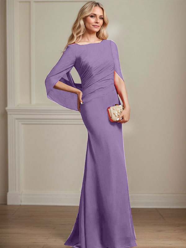 Trompeten-/Meerjungfrauen-Chiffonkleid mit Bootsausschnitt, bodenlang, plissiert, Brautmutterkleid