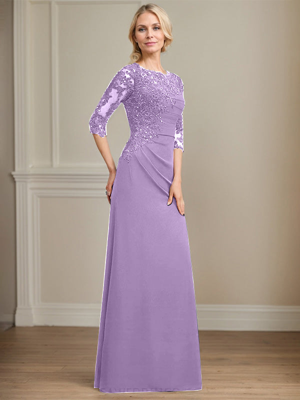 A-Linie Rundhals bodenlanges Chiffon Spitzen Brautmutterkleid mit Perlen Falten Pailletten