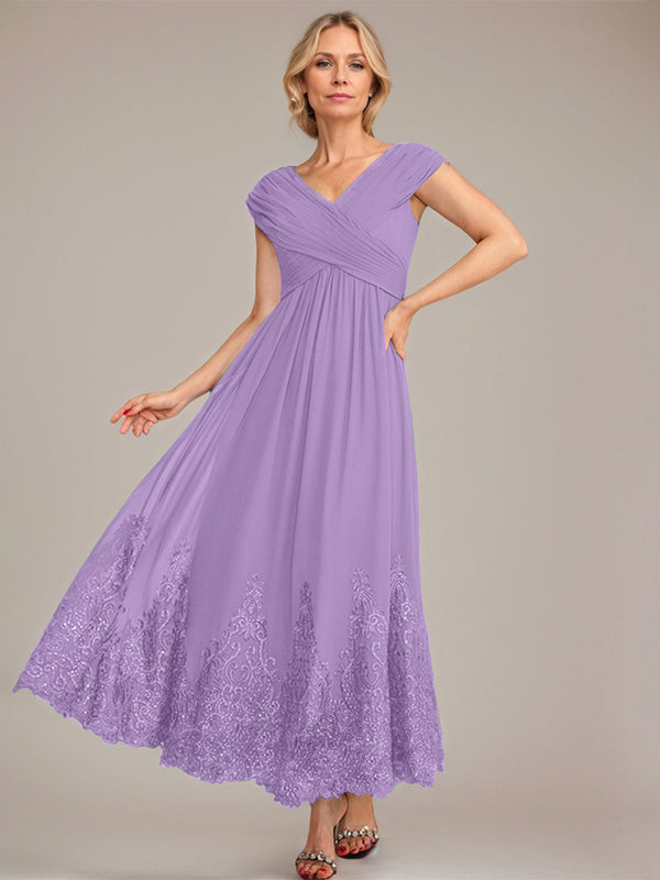 A-Linien V-Ausschnitt Knöchellanges Chiffon Kleid der Brautmutter mit Applikationen und Pailletten